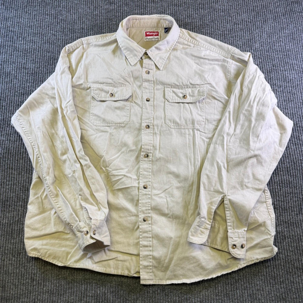 Wrangler Button Down Shirt 2X Tan 100% Cotton Twill Long Sleeve Workwear Solid